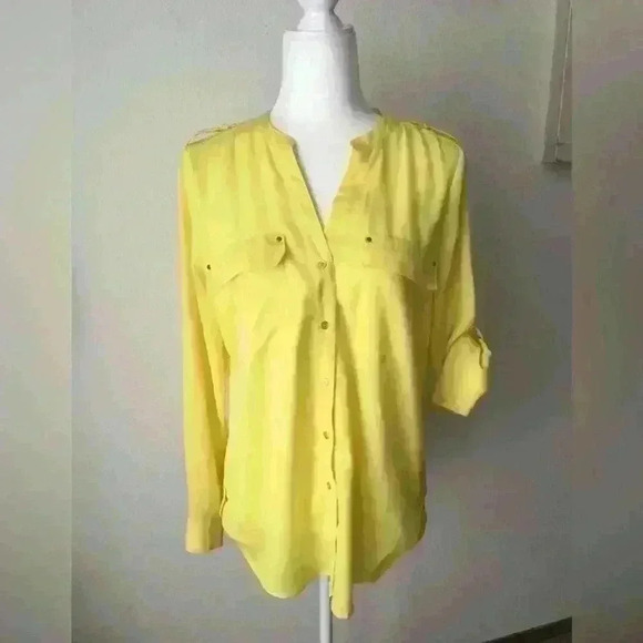 Calvin Klein Bright Yellow Adj LS Button Up Tab Shoulder Hem Top Woman Small - Picture 4 of 10
